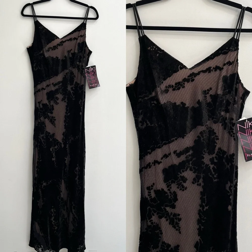 Vintage Y2K Niki Livas black burnout velvet maxi dress formal open back bias cut - Picture 2 of 14